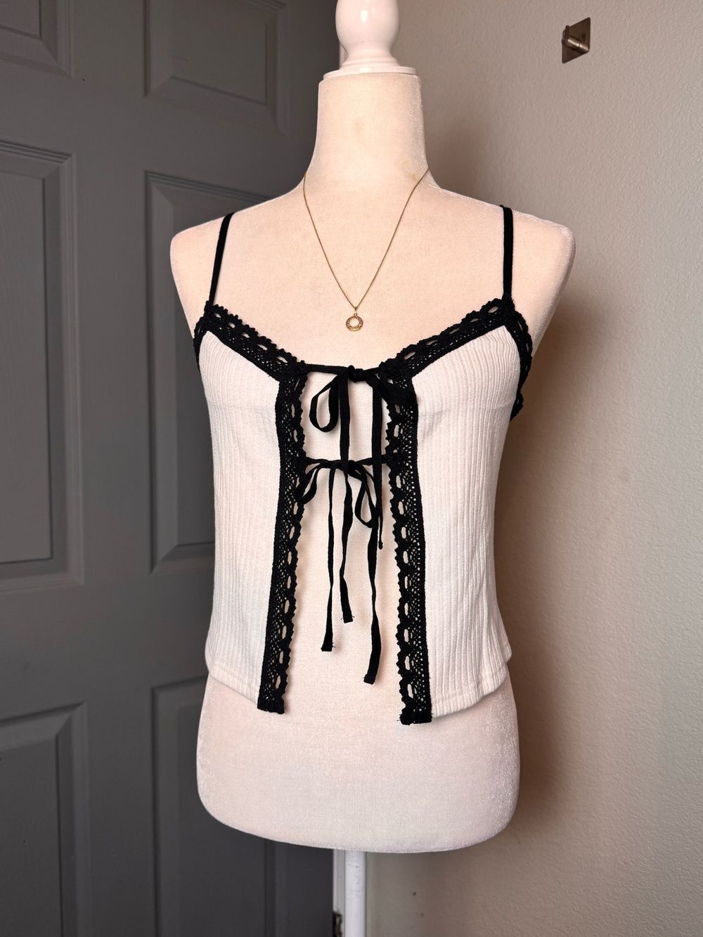 Ribbed Tie-Front Cami Top with Black Crochet Lace Trim